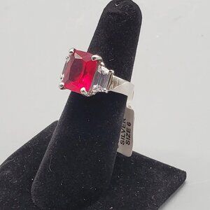 Women's Ruby Emerald Cut w Baguettes CZ Ring Size 7 Sterling Silver 925